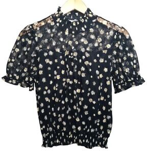 Eyeshadow Black Daisy Lace Mock Neck Puff Sleeve Smocked‎ Hem Top Women's M